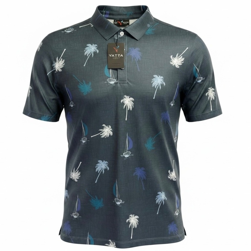Yatta‎ Golf Pura Vida Mens Large Polo Shirt Grey Palm Tree Sailboat (O26) NWTs